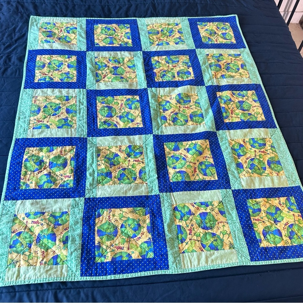 Handmade Lap Blanket Quilt "Save the Planet" Theme, Frogs and Globes
#0828248